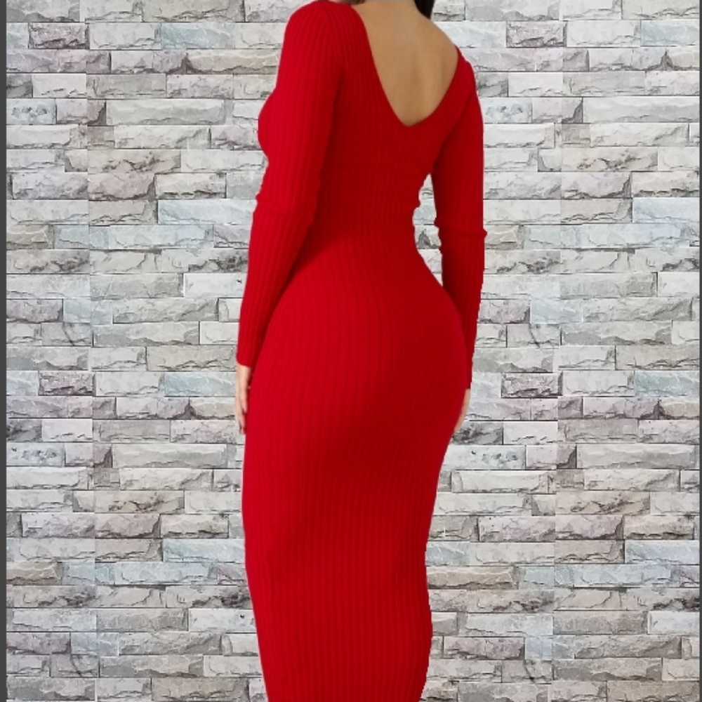 Red Ribbed Midi Sweater Dress - Picture 2 of 6
